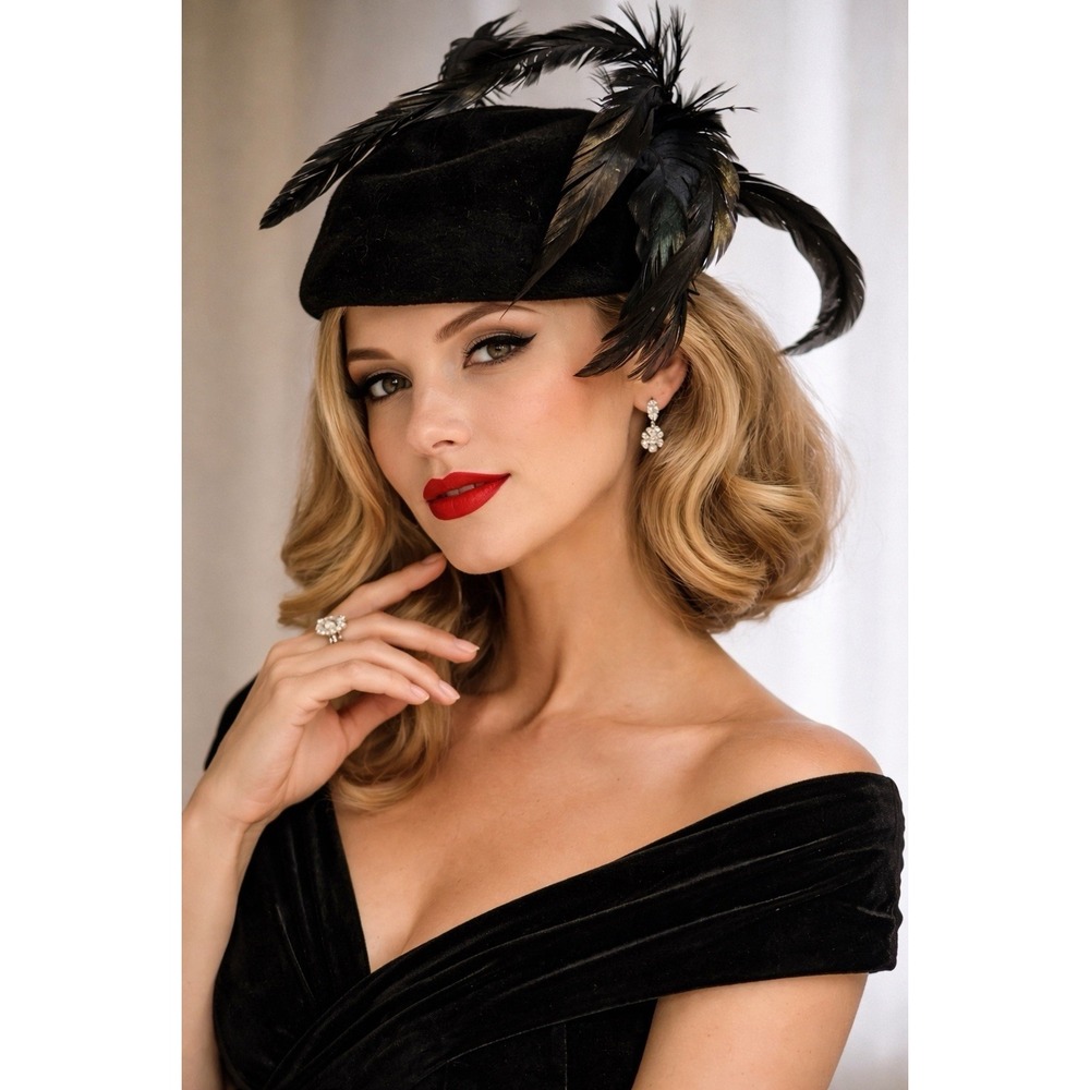 Vintage Jack McConnell Black Feather Cocktail Hat Derby Fascinator Velvet